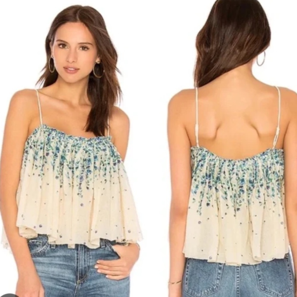 Free People crush cotton camisole cream blue floral size XS